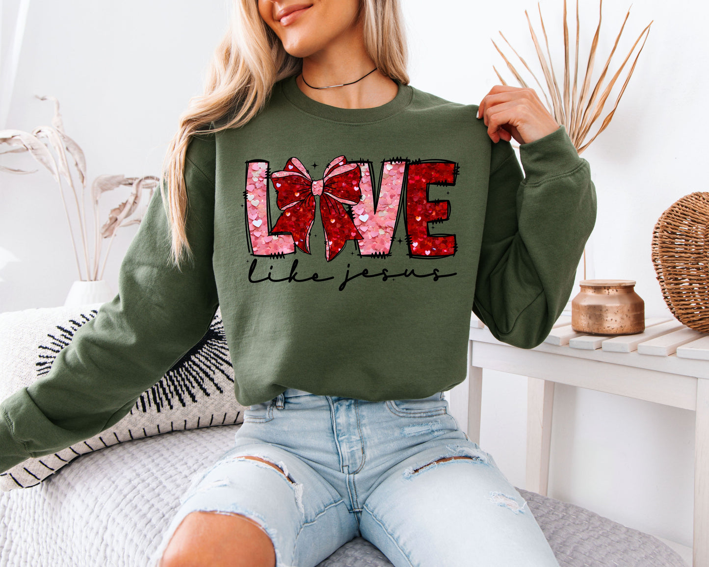 Love Like Jesus Sweatshirt | Faux Sequin Coquette Bow Crewneck | Cute Christian Valentine Gift