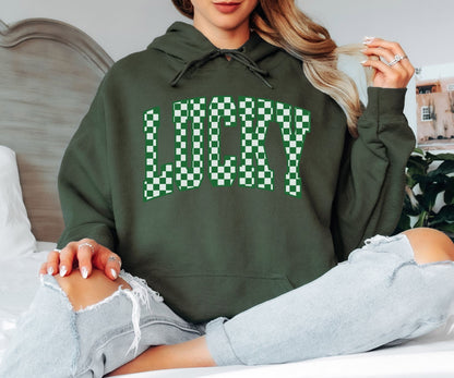 Lucky Checkerboard Hoodie, Green Retro Graphic Hoodie, Cozy Unisex Pullover for Everyday Wear