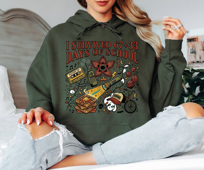 I Survived 67+33 Days of School Hoodie – Stranger Things Inspired Hawkins Graphic Hoodie, Funny End of School Unisex Sweatshirt