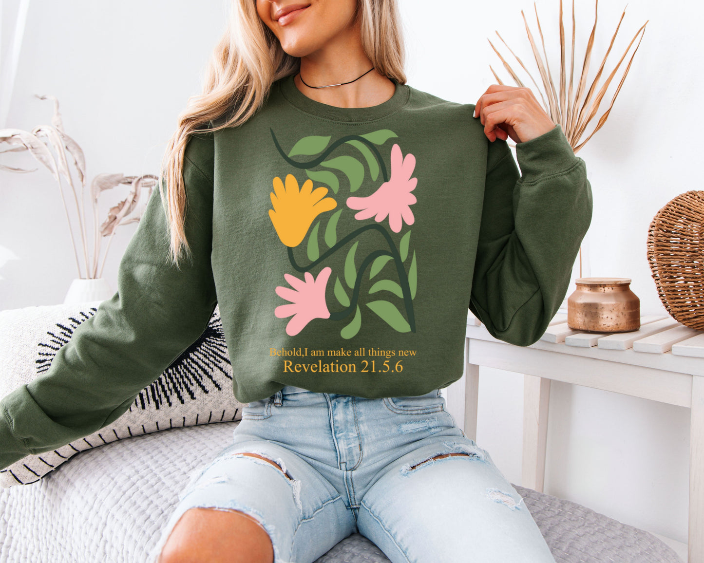 Cottagecore Bible Verse Sweatshirt, Floral Faith Graphic Crewneck, Relaxed Pullover