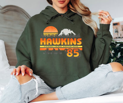 Hawkins ’85 Hoodie – Stranger Things Inspired Retro 80s Graphic Hoodie, Hawkins Indiana Vintage Sci-Fi Unisex Sweatshirt