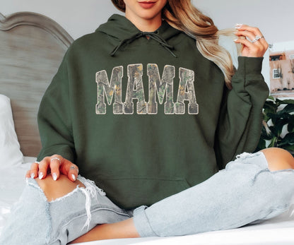 MAMA Camo Letter Hoodie, Stylish Mom Graphic Hoodie, Cozy Unisex Pullover for Everyday Wear