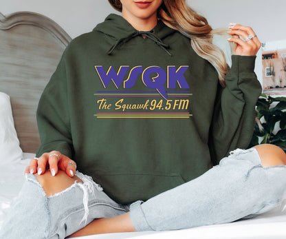 WSQK The Squawk 94.5 FM Hoodie – Retro Radio Station Inspired Hoodie, 80s Vintage Graphic Hoodie, Unisex Cozy Sweatshirt