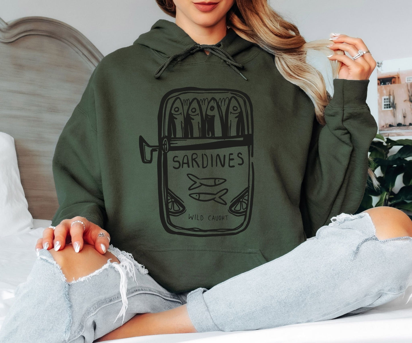 Wild Caught Sardine Tin Hoodie - Hand-Drawn Blue Aesthetic Pullover, Tinned Fish Lover Hooded Sweatshirt, Mediterranean Coastal Style Hoodie