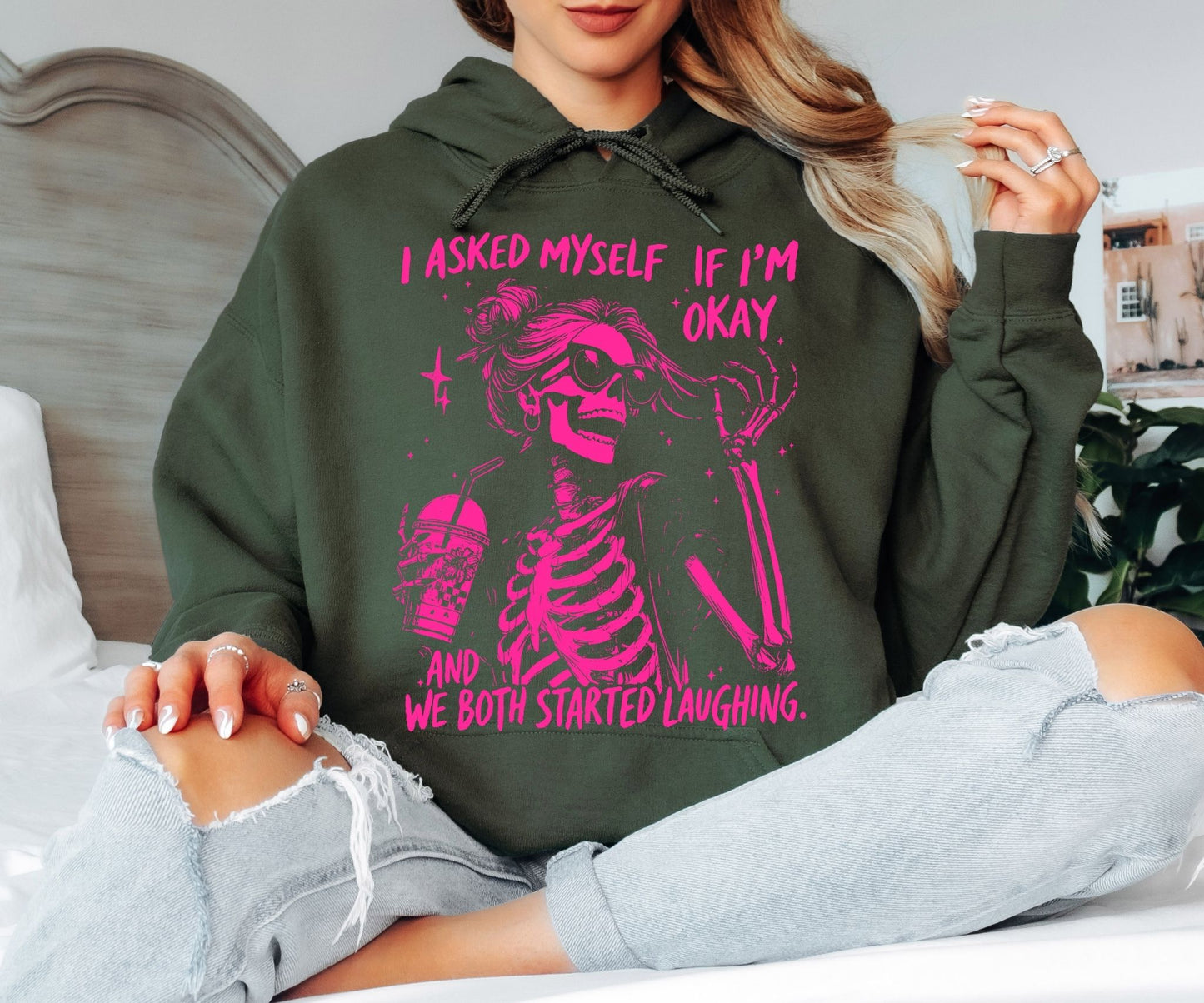 I Asked If I’m Okay Hoodie – Funny Skeleton Illustration, Dark Humor Vibes