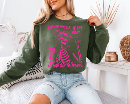 Sarcastic Skeleton Graphic Sweatshirt – Pink Quote Unisex Pullover, Bold Aesthetic Statement Sweatshirt