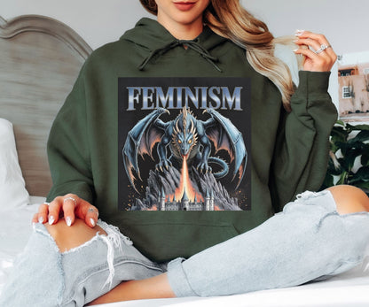Feminism Dragon Hoodie - Heavy Metal Aesthetic Hooded Sweatshirt, Fire Breathing Dragon Pullover, Fantasy Feminist Hoodie, Edgy Empowerment Gift
