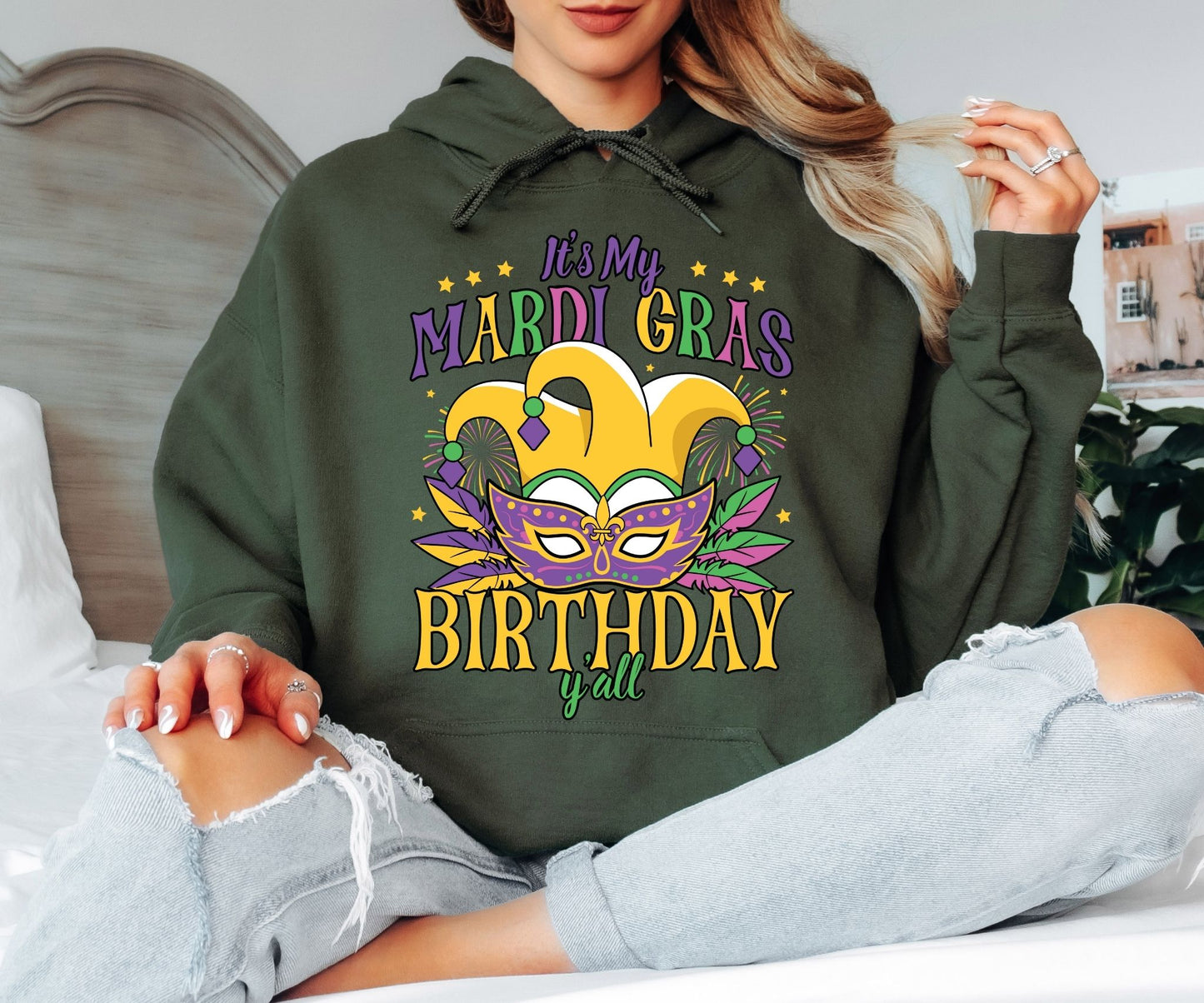 Mardi Gras Hoodie – Beads Masks & Carnival Fun