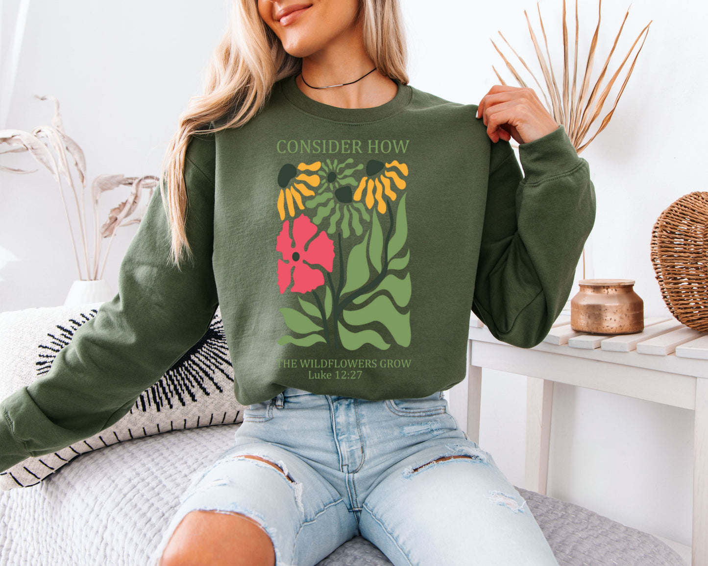 Consider the Wildflowers Sweatshirt – Luke 12:27 Christian Floral Crewneck, Botanical Scripture Pullover, Cottagecore Flower Graphic Sweater, Faith Gift for Women