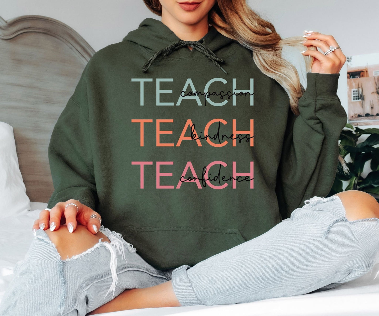 Teach Compassion Kindness Confidence Hoodie - Retro Aesthetic Teacher Hooded Sweatshirt, Inspirational Educator Pullover, Pastel Typography School Hoodie, Meaningful Teacher Appreciation Gift