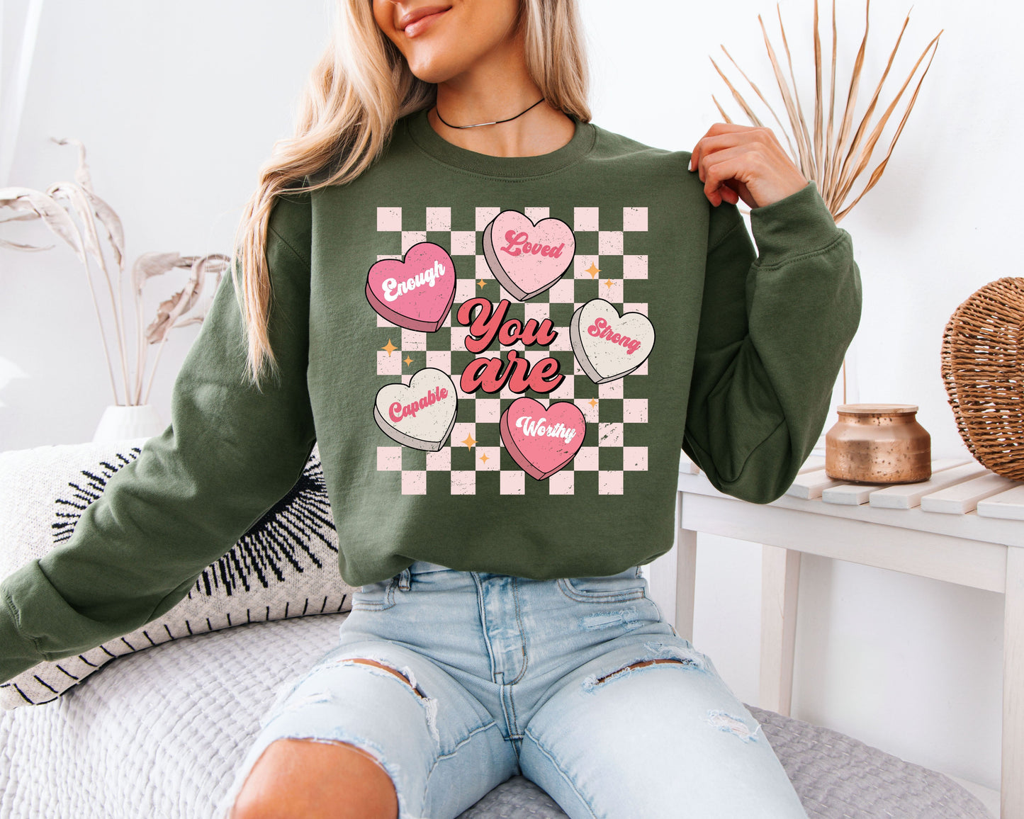 You Are Enough Loved Strong Worthy Sweatshirt - Positive Affirmations Pullover, Pastel Conversation Hearts Jumper, Mental Health Awareness Crewneck, Kind Heart Aesthetic Gift