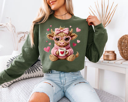 Cute Highland Cow Valentine Sweatshirt | Faux Crochet Style Coffee Lover Crewneck | Adorable Farm Animal Gift