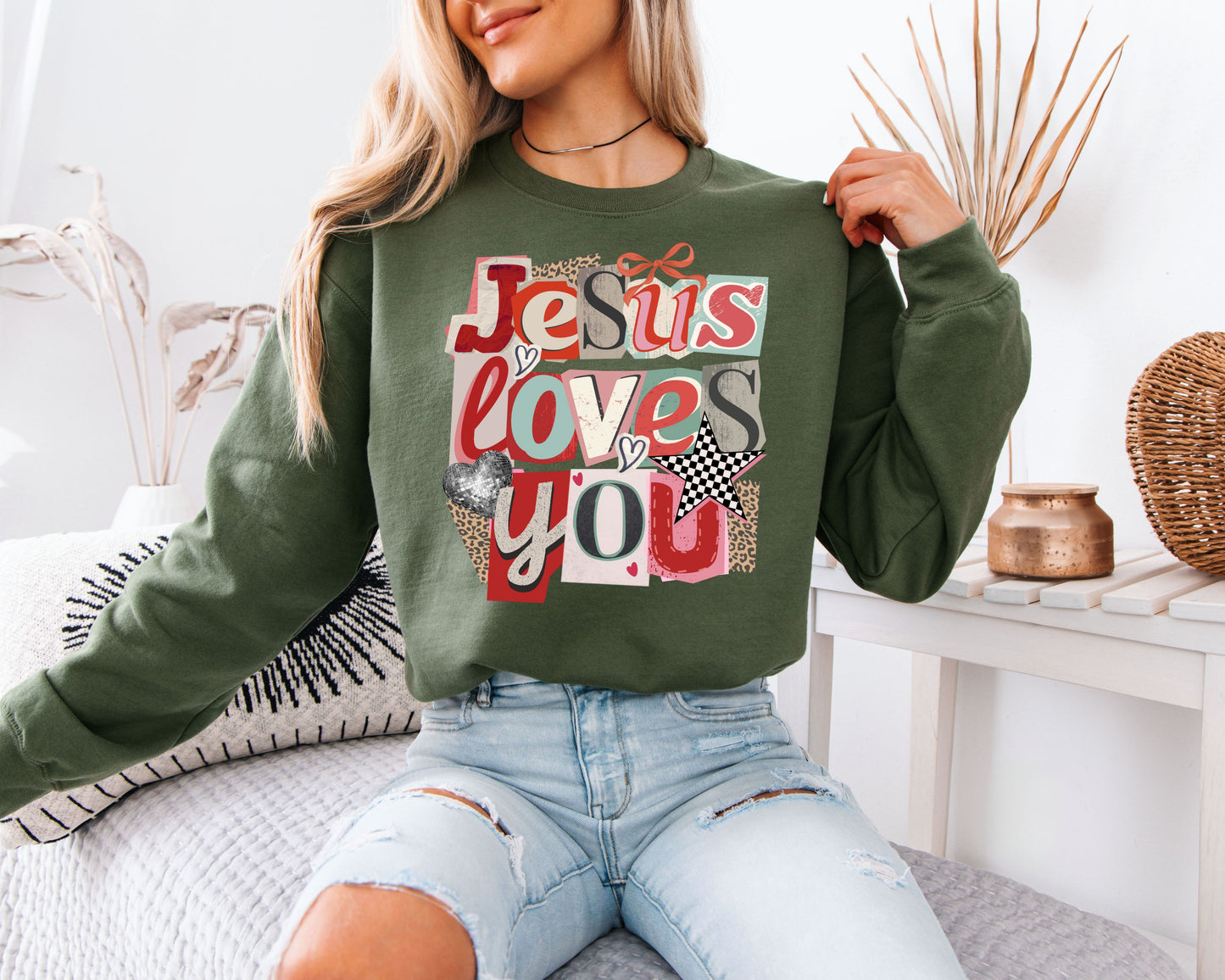 Jesus Loves You Sweatshirt | Retro Collage Christian Crewneck | Groovy Disco Faith Gift
