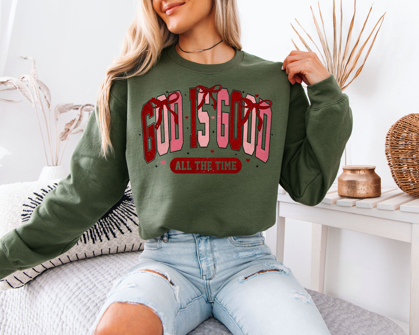 God Is Good All The Time Sweatshirt | Coquette Bow Christian Crewneck | Cute Faith Based Valentine Gift