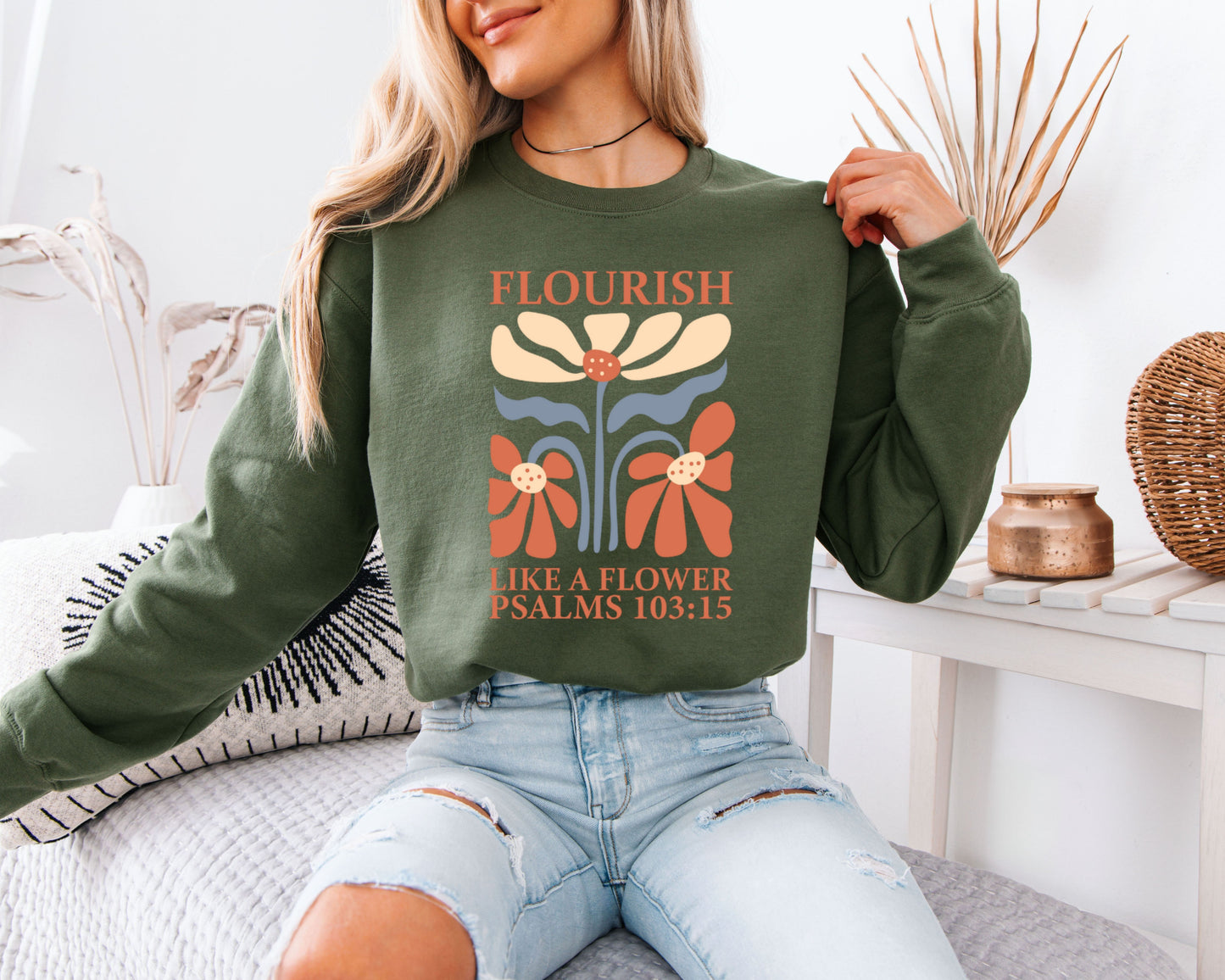 Retro Faith-Based Sweatshirt, Floral Scripture Graphic Crewneck, Cozy Fit Pullover