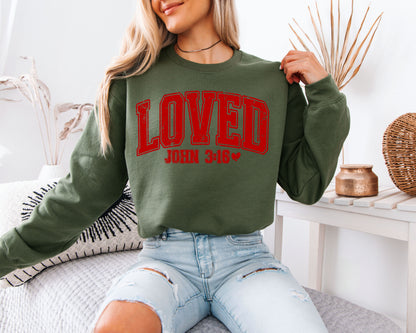 LOVED John 3:16 Sweatshirt | Distressed Varsity Christian Crewneck | Bible Verse Valentine Gift