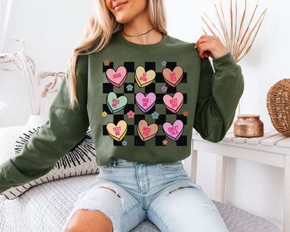 Retro Conversation Hearts Sweatshirt | Valentine’s Day Checkerboard Crewneck | Cute Candy Heart Gift for Her