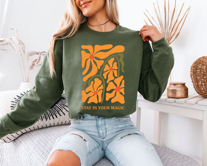 Nature Walk Sweatshirt, Wildflower Illustration Crewneck Pullover, Relaxed Casual Top