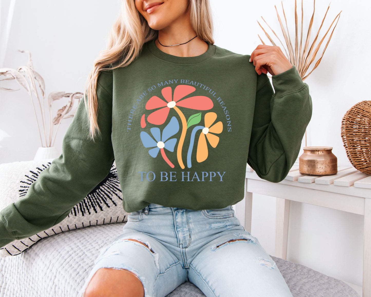 Soft Neutral Botanical Sweatshirt, Minimal Floral Crewneck Pullover, Everyday Comfort