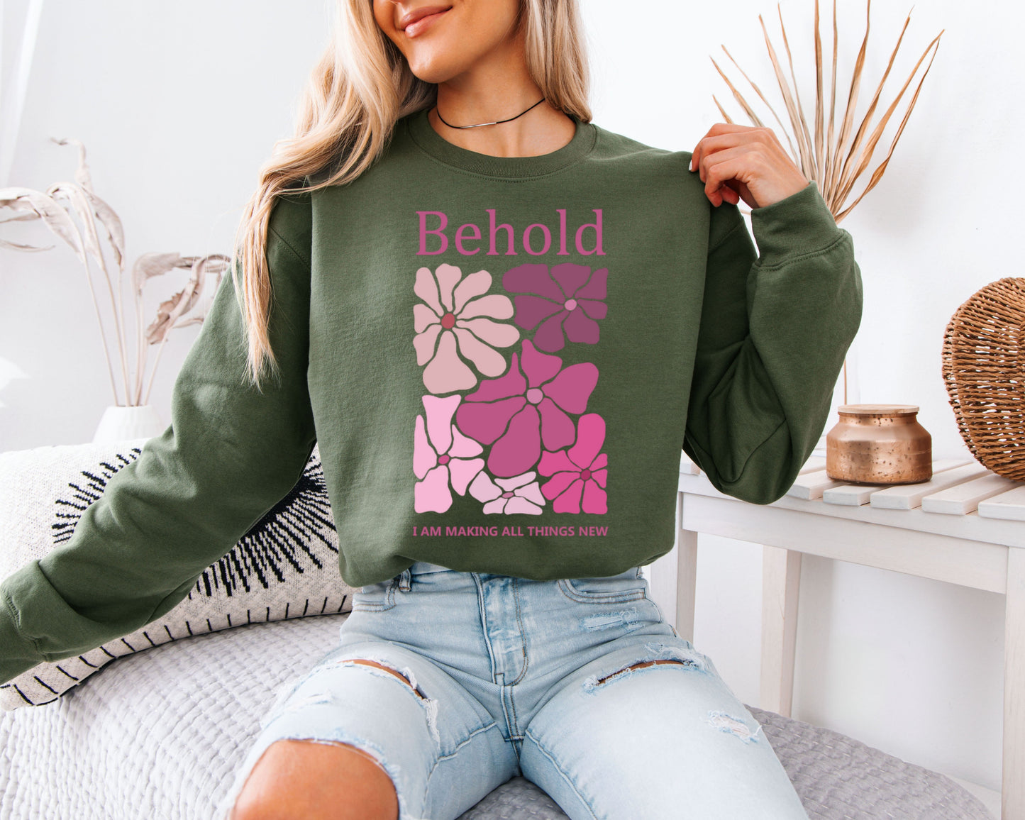 Behold Floral Christian Sweatshirt, Pink Flower Bible Verse Crewneck, Faith Inspired Scripture Pullover, Cute Aesthetic Cozy Sweater for Women