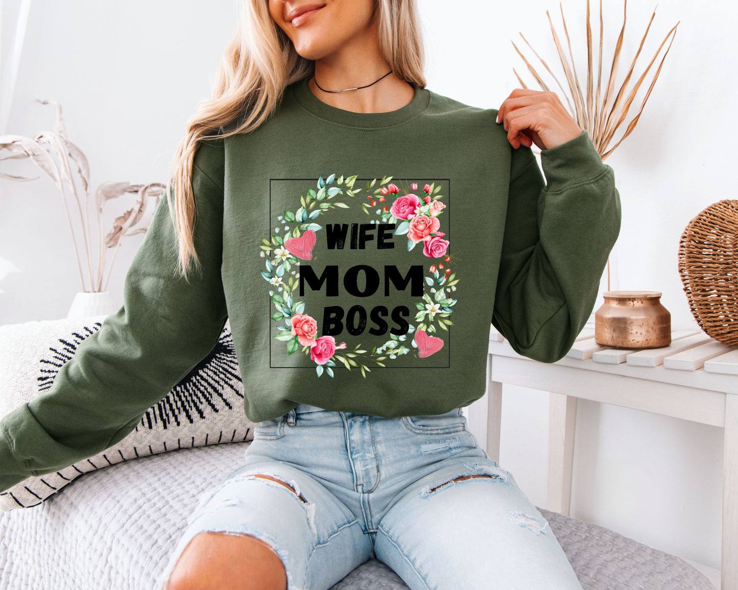 Wife Mom Boss Floral Sweatshirt, Cute Mama Graphic Crewneck Pullover, Strong Mom Life Shirt, Mother’s Day Gift for Her, Cozy Everyday Sweater
