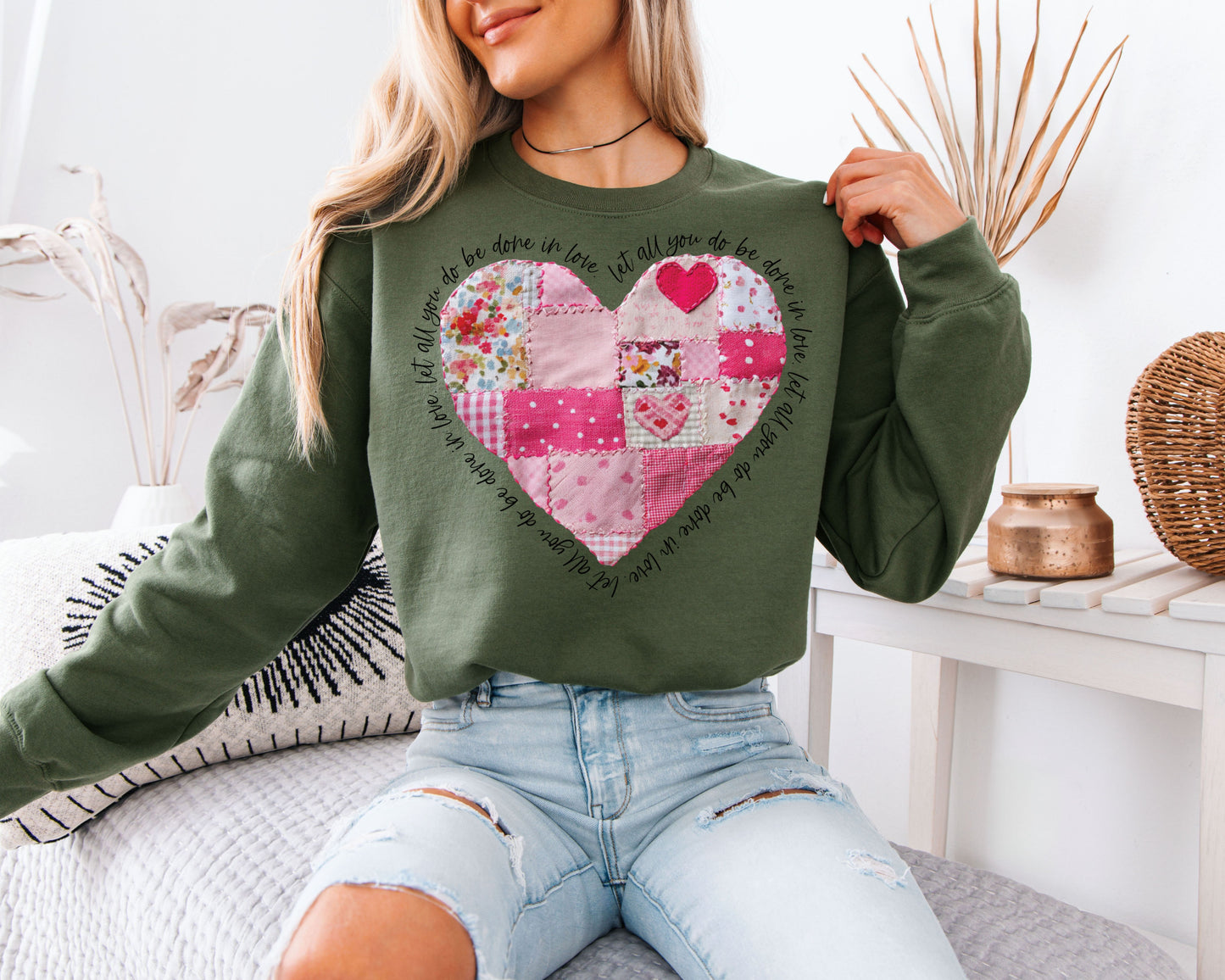 Let All That You Do Be Done In Love Sweatshirt | Cute Patchwork Quilt Heart Crewneck | Cottagecore Christian Gift