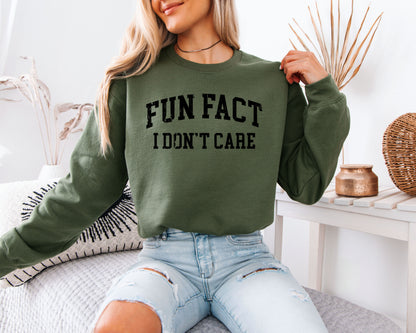 Fun Fact I Don’t Care Sweatshirt, Sarcastic Quote Crewneck, Minimal Bold Text Unisex Pullover