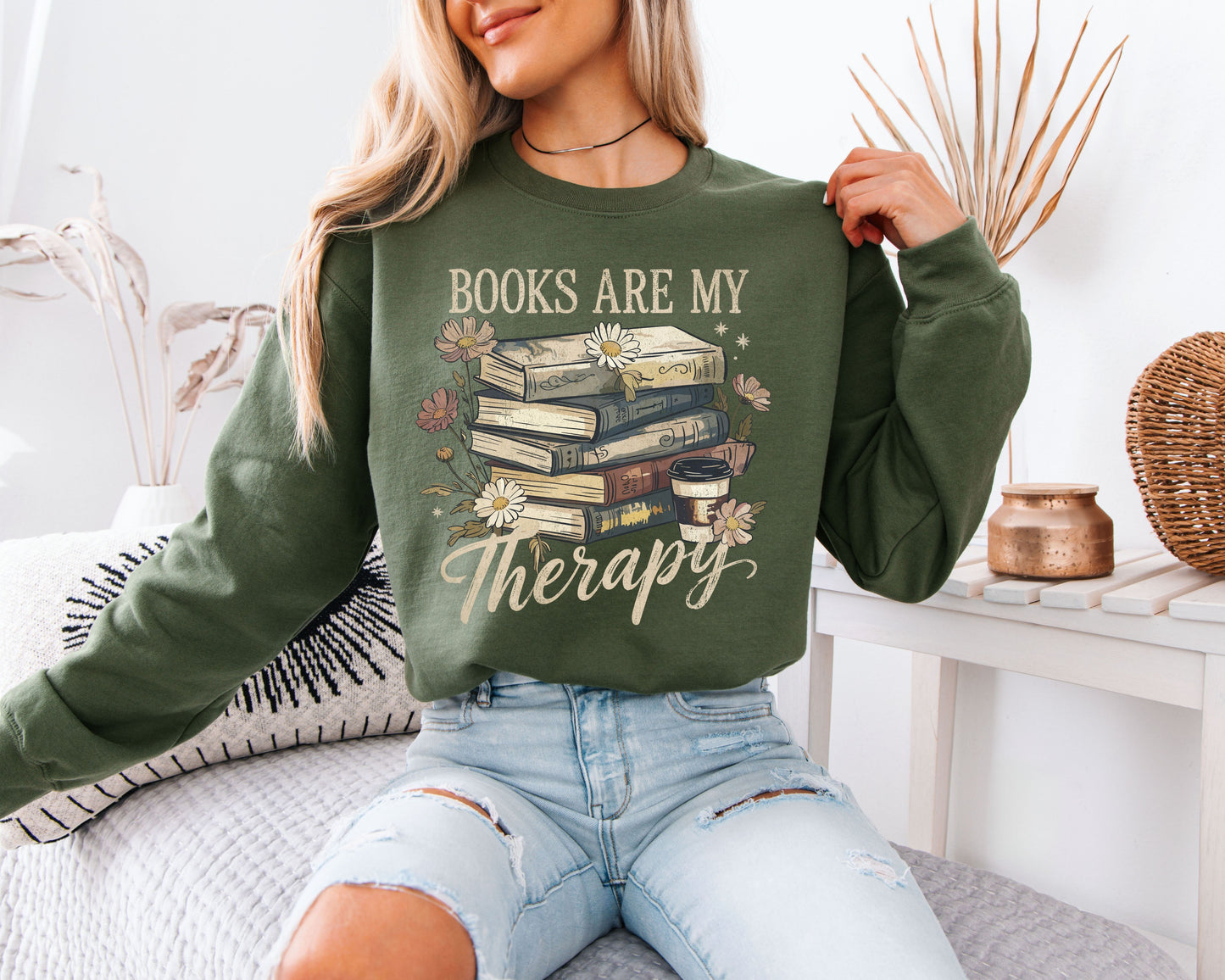 Books Are My Therapy Sweatshirt, Book Lover Cozy Crewneck, Floral Reading Graphic Pullover