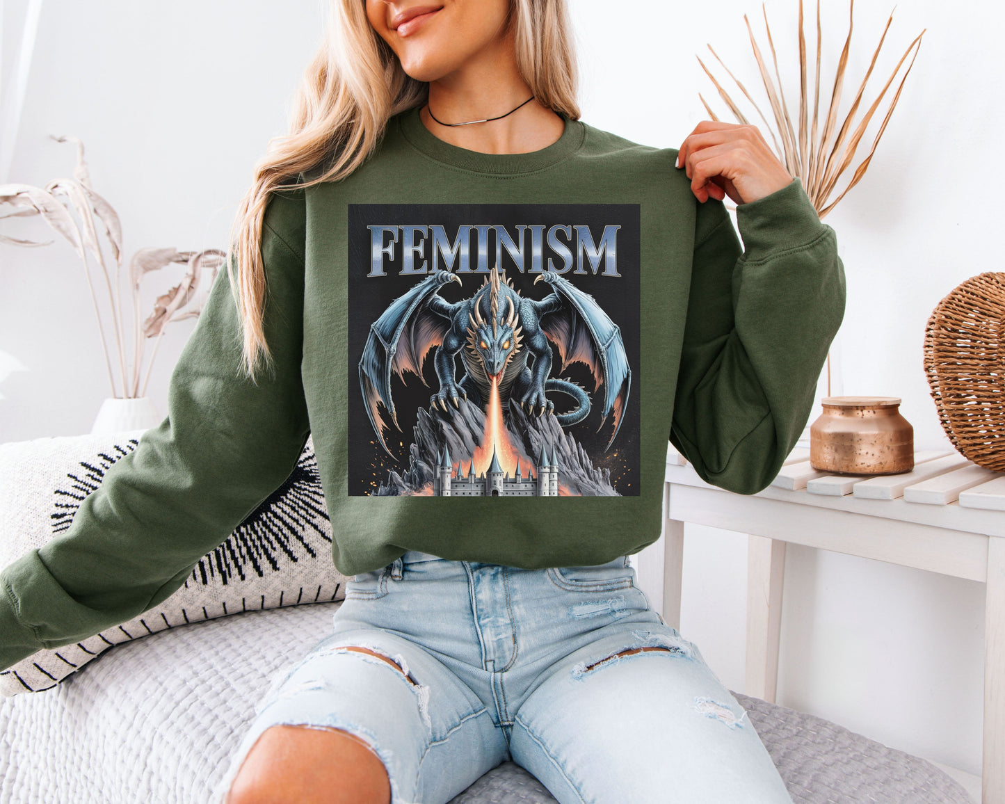 Feminism Dragon Sweatshirt - Heavy Metal Aesthetic Pullover, Fire Breathing Dragon Crewneck, Fantasy Feminist Jumper,