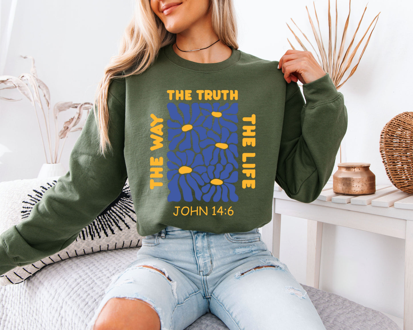 Christian Bible Verse Sweatshirt, John 14:6 Scripture Floral Crewneck, Faith-Based Retro Graphic Pullover