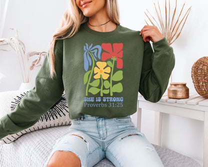 She Is Strong Proverbs 31:25 Floral Sweatshirt, Christian Women Bible Verse Crewneck, Cute Faith Flower Graphic Pullover, Inspirational Gift for Her