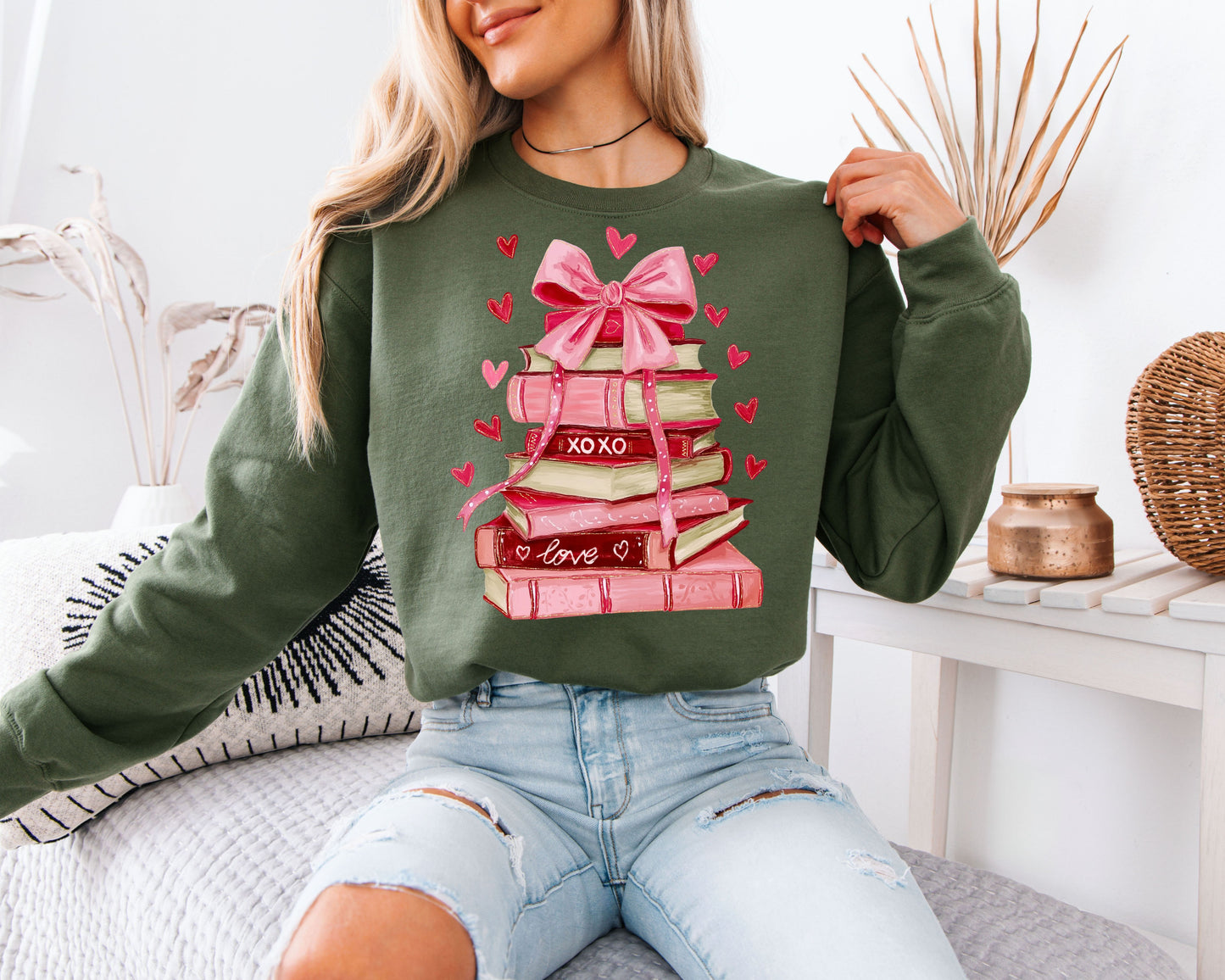 Coquette Book Stack Sweatshirt | Watercolor Pink Bow & Books Valentine Crewneck | Romantic Reading Gift
