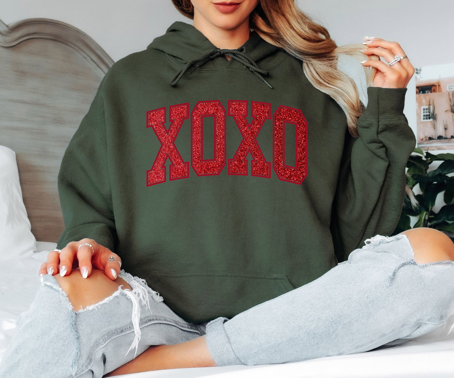 XOXO Glitter Red Varsity Hoodie - Valentine’s Day Hooded Sweatshirt, Sparkling Love Statement Pullover, Cute Romantic Gift for Her, Glamorous XOXO Holiday Hoodie