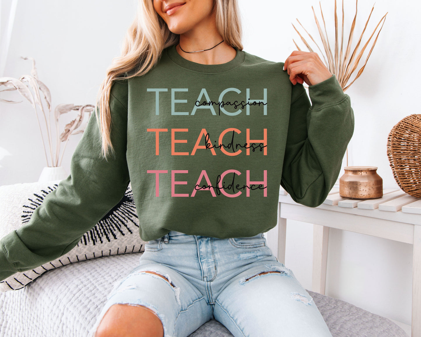 Teach Compassion Kindness Confidence Sweatshirt - Retro Aesthetic Teacher Pullover, Inspirational Educator Jumper, Pastel Typography School Crewneck, Meaningful Teacher Appreciation Gift