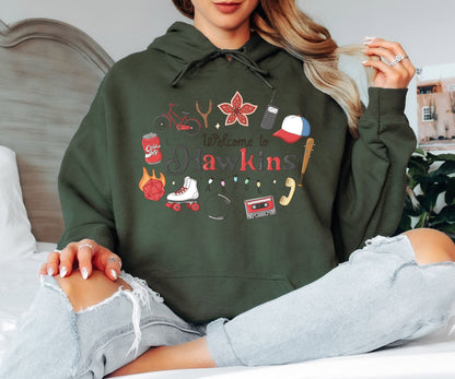 Welcome to Hawkins Hoodie – Retro 80s Inspired Graphic Hoodie, Hawkins Town Fan Sweatshirt, Unisex Cozy Hoodie