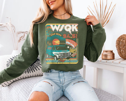WSQK 94.5 FM Hawkins Sweatshirt, Retro Radio Van Graphic, 80s Nostalgia Unisex Crewneck, Sci-Fi TV Fan Apparel