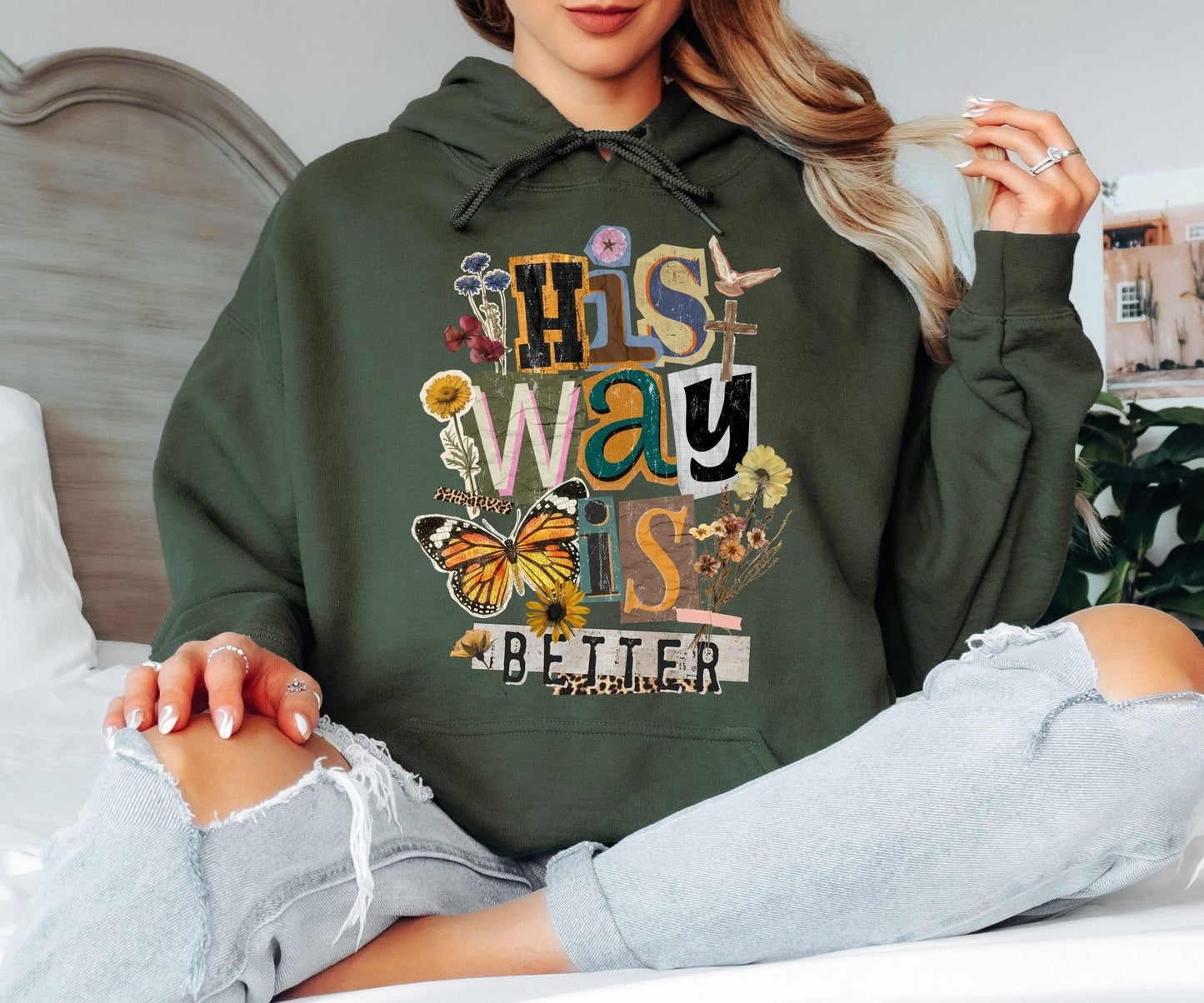 His Way Is Greater Christian Faith Hoodie, Spiritual Butterfly Floral Design, Vintage Inspired Unisex Hoodie