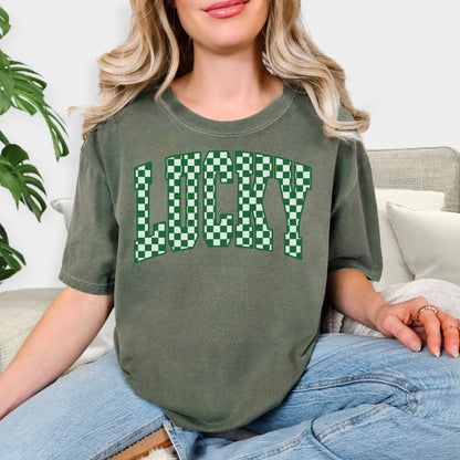 Lucky Checkerboard Shirt - St. Patrick's Day T-Shirt, Retro Lucky Charm Tee, Green Plaid Aesthetic Sweatshirt, Festive Irish Party Apparel