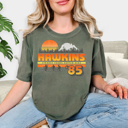 Hawkins 85 Strange Things Happen Here Shirt - Retro 80s Sunset T-Shirt, Sci-Fi Adventure Tee, Vintage Style Biking Squad Sweatshirt, Nostalgic Fan Gift