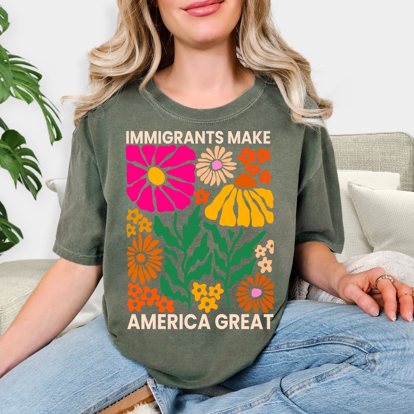 Immigrants Make America Great Shirt - Retro Floral Positivity Tee, Colorful Boho Flower Power Sweatshirt, Social Justice Aesthetic Gift, Groovy Botanical Statement Shirt