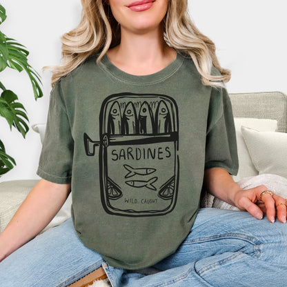 Wild Caught Sardine Tin Shirt - Hand-Drawn Blue Aesthetic Tee, Tinned Fish Lover Gift, Mediterranean Coastal Style Graphic T-Shirt