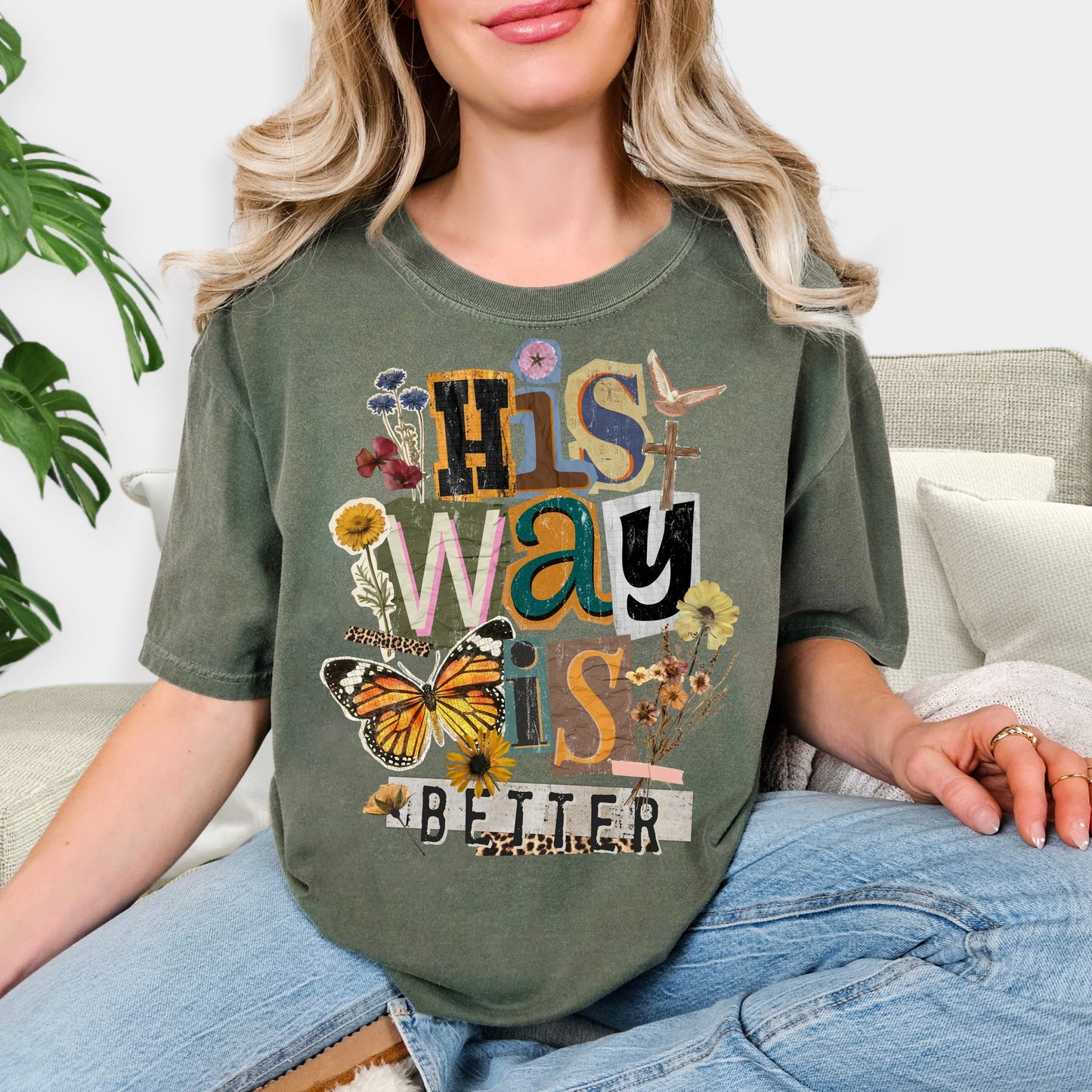 His Way Is Better Shirt - Christian Aesthetic T-Shirt, Faith Based Gift, Vintage Scrapbook Style Tee, Spiritual Butterfly Floral Sweatshirt