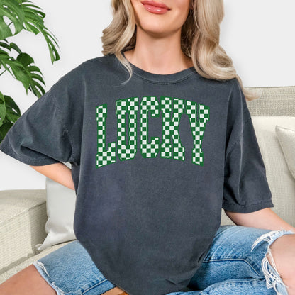 Lucky Checkerboard Shirt - St. Patrick's Day T-Shirt, Retro Lucky Charm Tee, Green Plaid Aesthetic Sweatshirt, Festive Irish Party Apparel