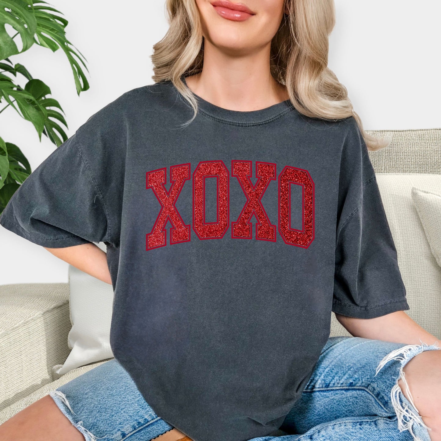 XOXO Glitter Red Varsity Shirt - Valentine’s Day T-Shirt, Sparkling Love Statement Tee, Cute Romantic Gift for Her, Glamorous XOXO Holiday Jumper