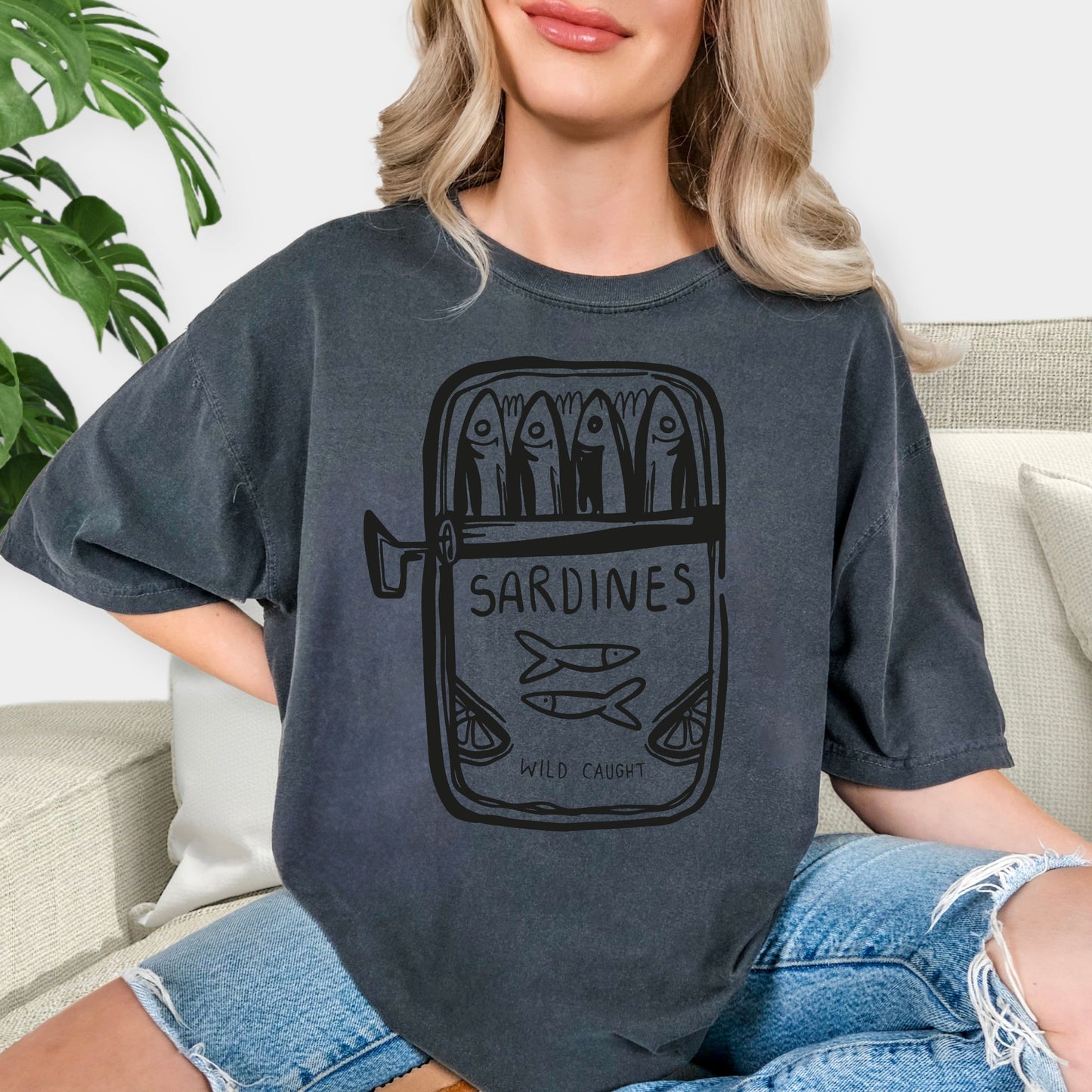 Wild Caught Sardine Tin Shirt - Hand-Drawn Blue Aesthetic Tee, Tinned Fish Lover Gift, Mediterranean Coastal Style Graphic T-Shirt