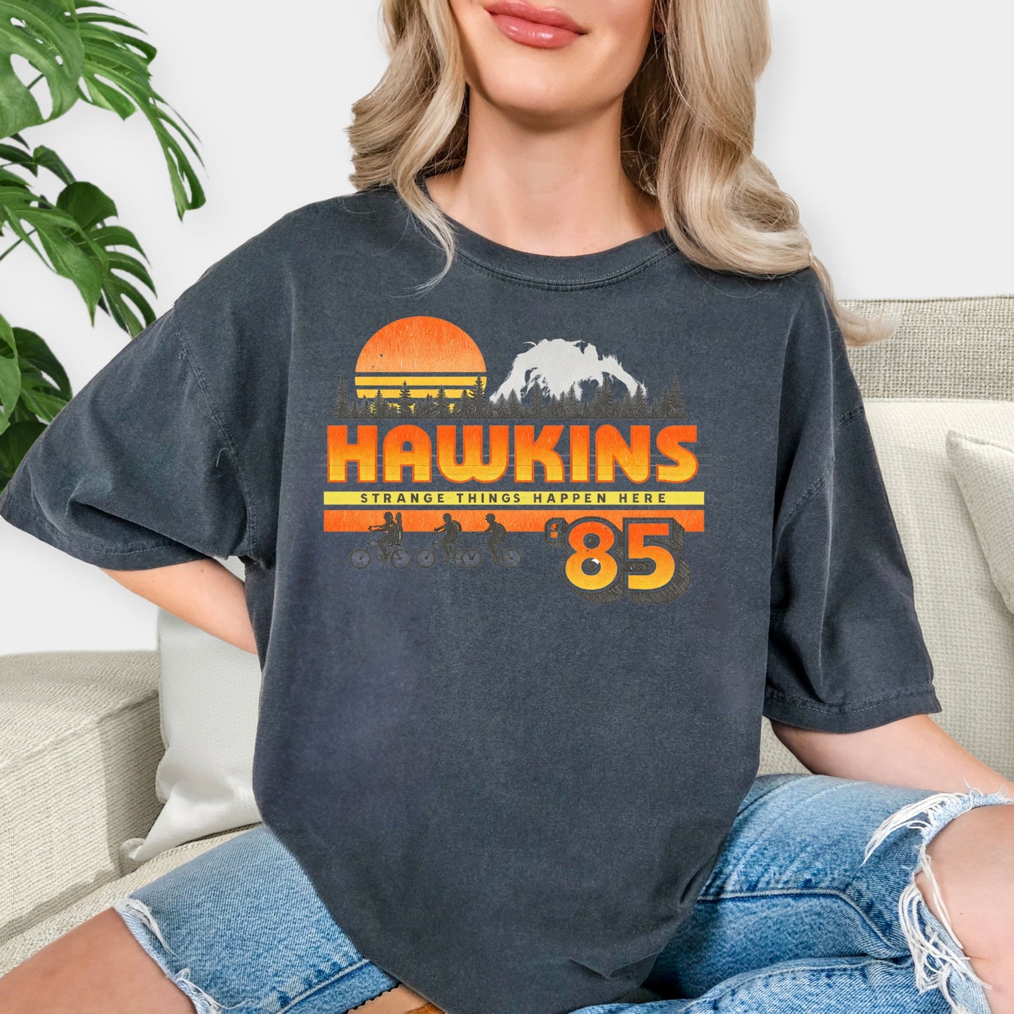Hawkins 85 Strange Things Happen Here Shirt - Retro 80s Sunset T-Shirt, Sci-Fi Adventure Tee, Vintage Style Biking Squad Sweatshirt, Nostalgic Fan Gift