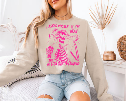 Sarcastic Skeleton Graphic Sweatshirt – Pink Quote Unisex Pullover, Bold Aesthetic Statement Sweatshirt
