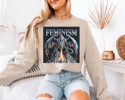 Feminism Dragon Sweatshirt - Heavy Metal Aesthetic Pullover, Fire Breathing Dragon Crewneck, Fantasy Feminist Jumper,