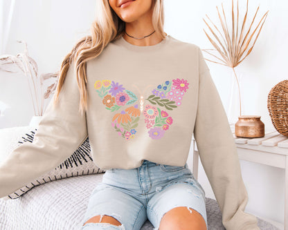 Vintage Butterfly Floral Sweatshirt, Cottagecore Garden Graphic Crewneck, Retro Nature Aesthetic Cozy Pullover