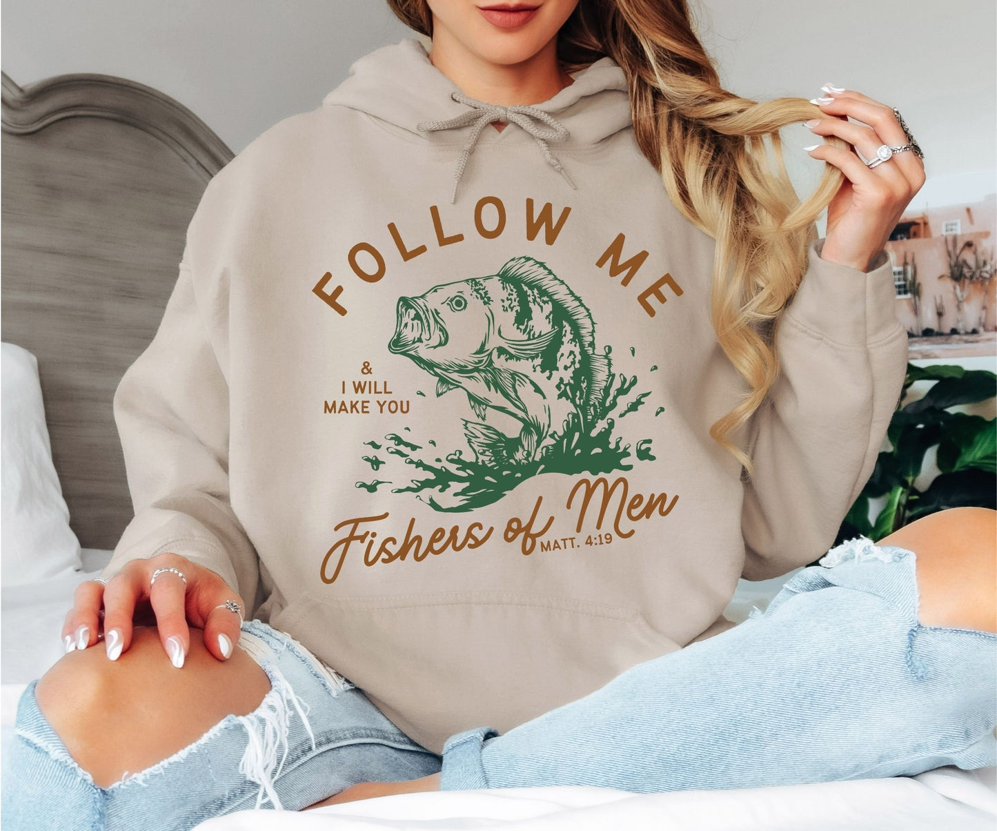 Fishers of Men Christian Hoodie - Matthew 4:19 Bible Verse Hooded Sweatshirt, Vintage Fishing Graphic Pullover, Religious Faith Hoodie, Angler Gift